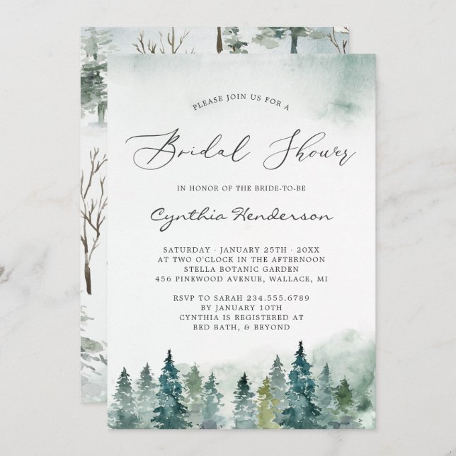 Winter Bridal Shower Elegant Forest Pine Trees Invitation (Front/Back)