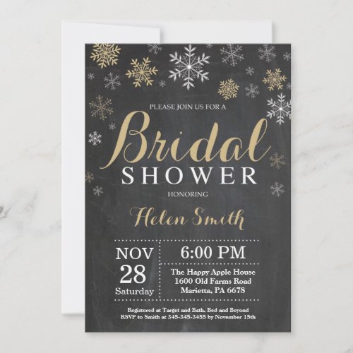 Winter Bridal Shower Gold and White Snowflake Invitation