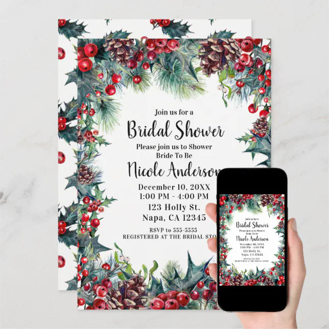 Winter Bridal Shower Holiday Holly & Pine Cones Invitation | Zazzle