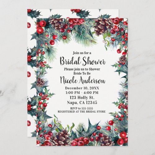 Winter Bridal Shower Holiday Holly  Pine Cones Invitation