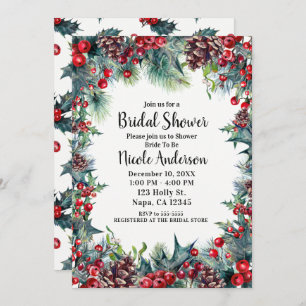 Winter Bridal Shower Holiday Holly & Pine Cones Invitation