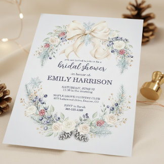 Winter Bridal Shower Invitation Cream Bow Floral