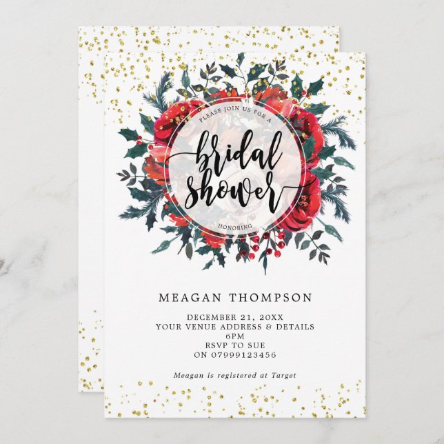 winter bridal shower invitation gold glitter (Front/Back)