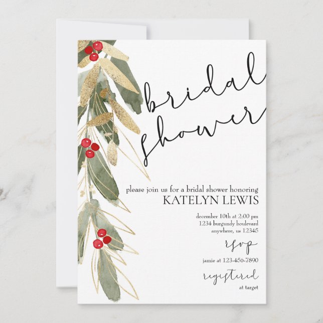 Winter Bridal Shower Invitation Gold Holly (Front)