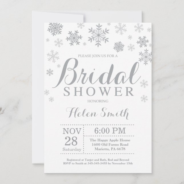Winter Bridal Shower Invitation Gray Snowflake (Front)