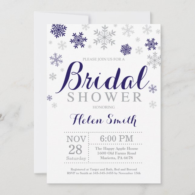 Winter Bridal Shower Navy Blue Snowflake Invitation (Front)