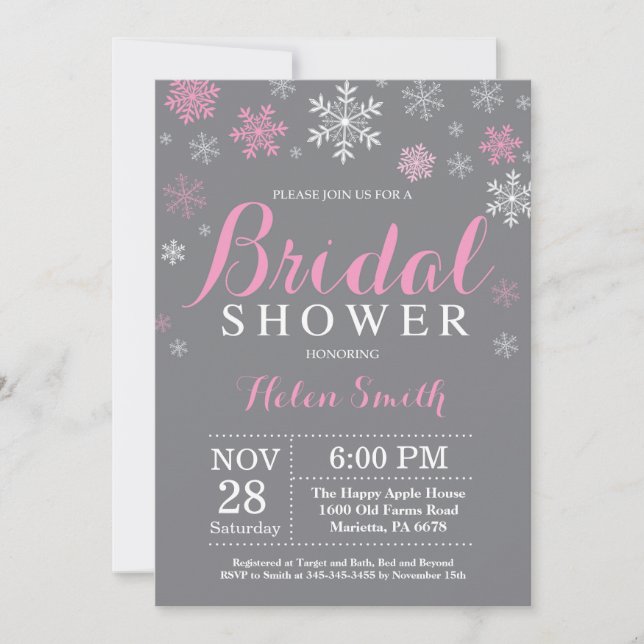 Winter Bridal Shower Pink Snowflake Gray Invitation (Front)