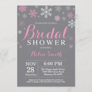 Winter Bridal Shower Pink Snowflake Gray Invitation