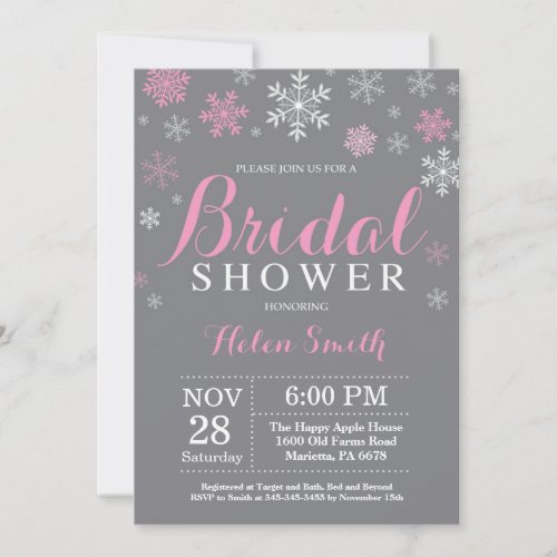 Winter Bridal Shower Pink Snowflake Gray Invitation