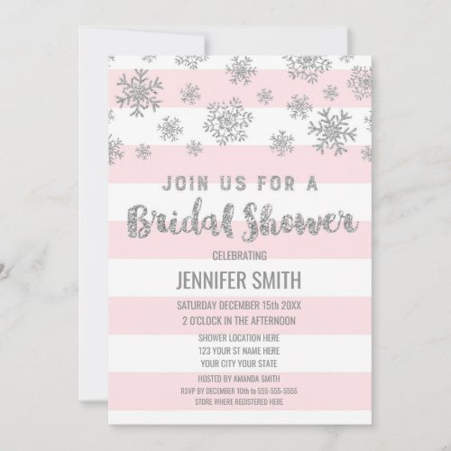 Winter Bridal Shower Pink Stripes Silver Snowflake Invitation