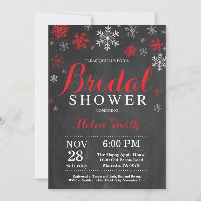 Winter Bridal Shower Red and White Snowflake Invitation (Front)