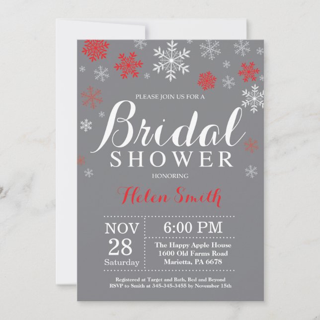 Winter Bridal Shower Red Snowflake Gray Invitation (Front)