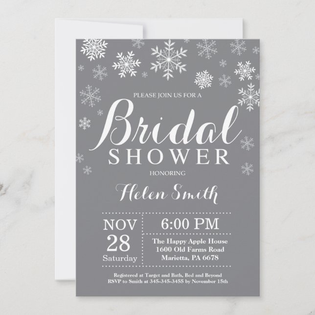 Winter Bridal Shower Snowflake Invitation Gray (Front)