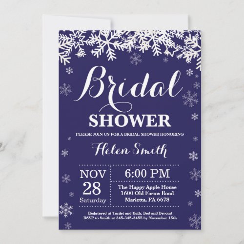 Winter Bridal Shower Snowflake Navy Blue Invitation