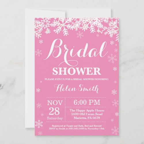 Winter Bridal Shower Snowflake Pink Invitation