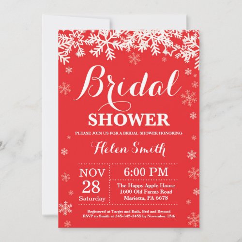 Winter Bridal Shower Snowflake Red Invitation