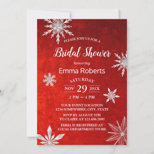Winter Bridal Shower Snowflakes Elegant Red Invitation