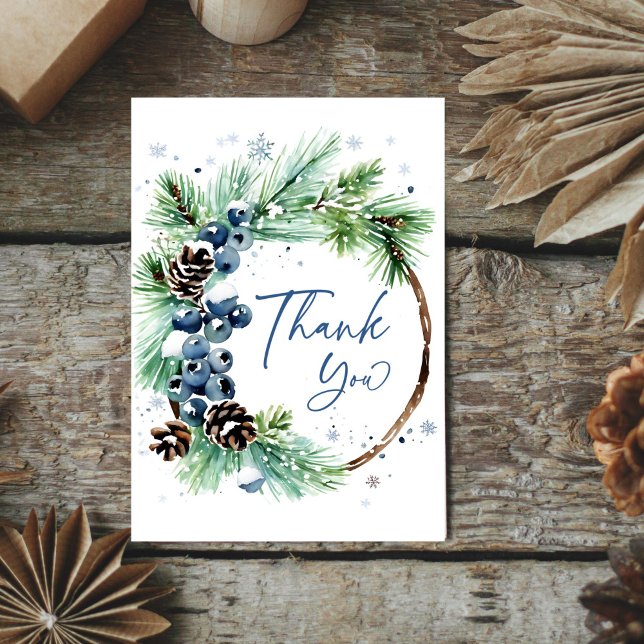 Winter bridal shower watercolor pines wreath thank you card (Winter bridal shower watercolor pine wreath thank you card snowy pines cones winter blue berries)