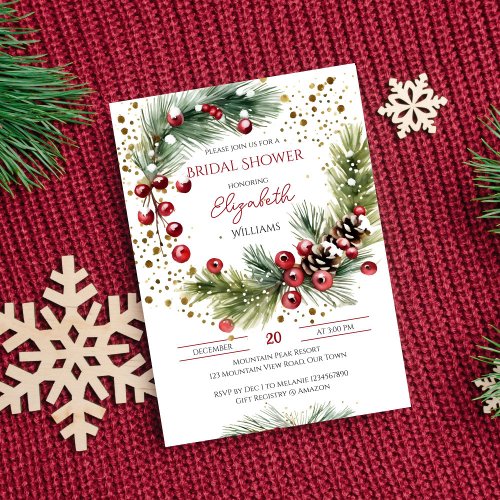 Winter bridal shower watercolor wreath red berries invitation