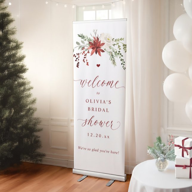 Winter Bridal Shower Welcome Sign Elegant Floral (Large winter bridal shower welcome banner with elegant script and red berries and greenery.)