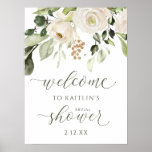 Winter Bridal Shower Welcome Sign White Floral<br><div class="desc">Winter Bridal Shower Welcome Sign - White Floral Greenery Foliage Bouquet: Welcome your bridal shower guests with this 18 x 24 inch welcome sign! This sign features a beautiful watercolor bouquet with white flowers, greenery and a hint of faux gold glitter. The beautiful "welcome" and "shower" are done in a...</div>