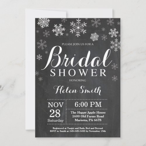 Winter Bridal Shower White Snowflake Chalkboard Invitation
