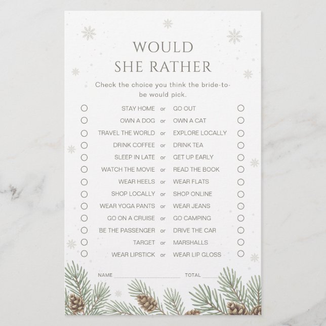 Winter Bridal Shower Would She Rather Game (Front)