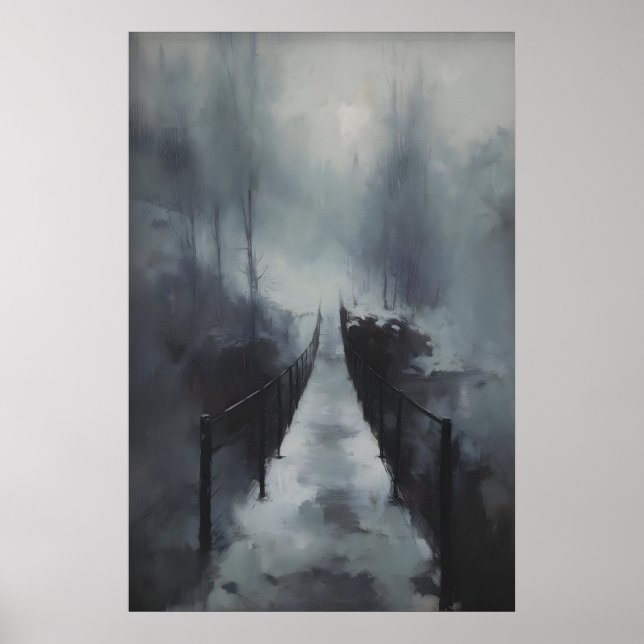 Winter Bridge Over Frozen Stream, Gothic Snowy Poster (Front)