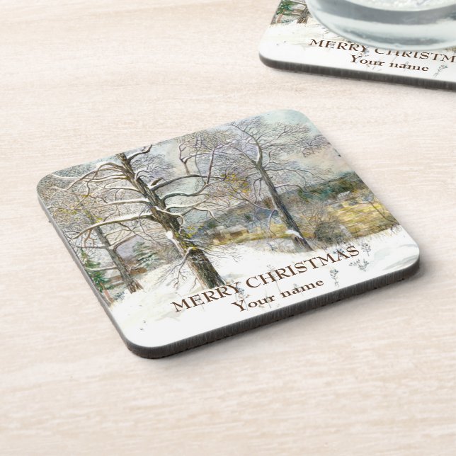 Winter bridge Watercolor painting  Beverage Coaster (Left Side)