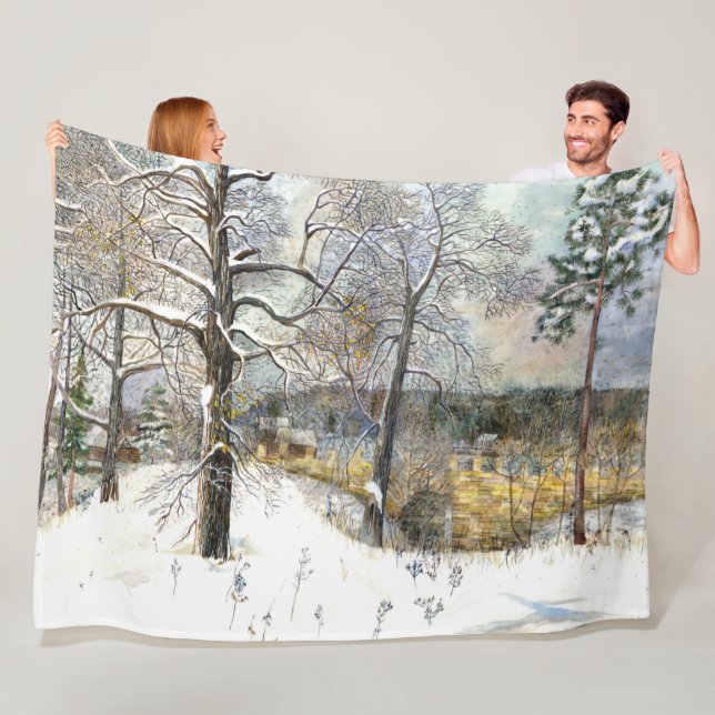 winter bridge Watercolor painting Fleece Blanket (In Situ)