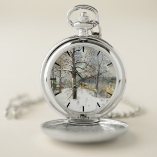 winter bridge Watercolor painting Pocket Watch
