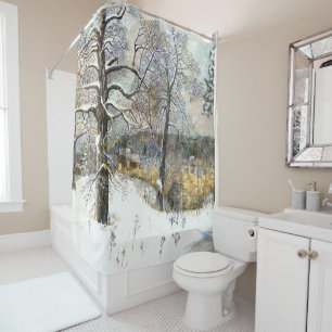 winter bridge Watercolor painting Shower Curtain