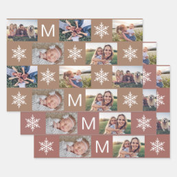 Winter Bronze Snowflakes Monogram Photo Collage Wrapping Paper Sheets