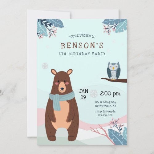 Winter Brown Bear Birthday Party Invitation