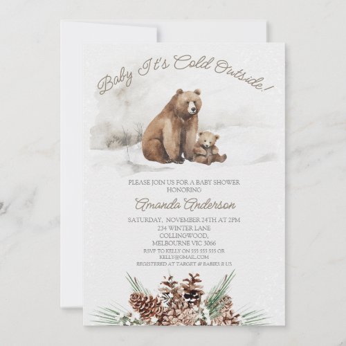 Winter Brown Bear Cub Baby Shower Invitation