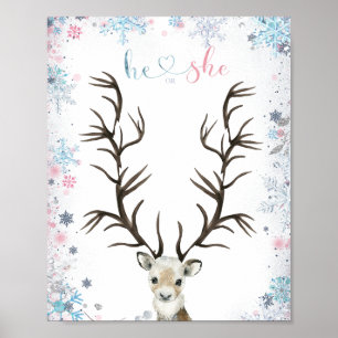Winter buck or doe gender reveal thumbprint tree  poster