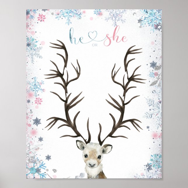 Winter buck or doe gender reveal thumbprint tree  poster (Front)