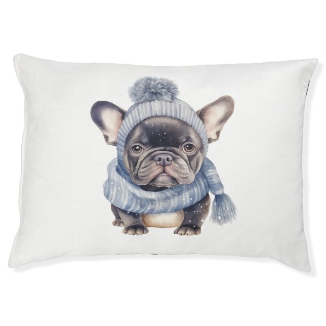Winter Bulldog Baby in Blue Cap and Scarf  Pet Bed (Front)