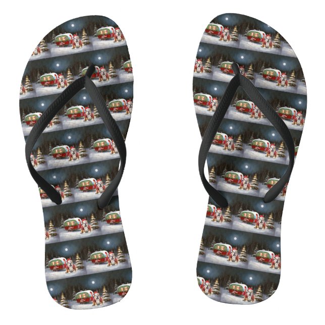 Winter Bulldog Caravan Christmas Adventure  Flip Flops (Footbed)