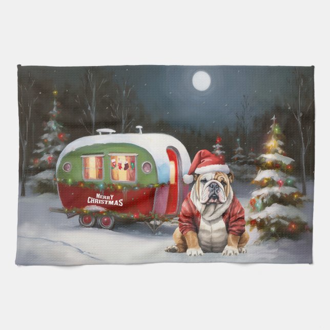 Winter Bulldog Caravan Christmas Adventure  Kitchen Towel (Horizontal)