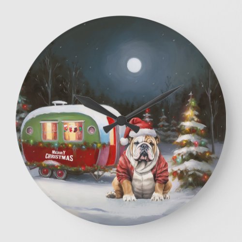 Winter Bulldog Caravan Christmas Adventure  Large Clock