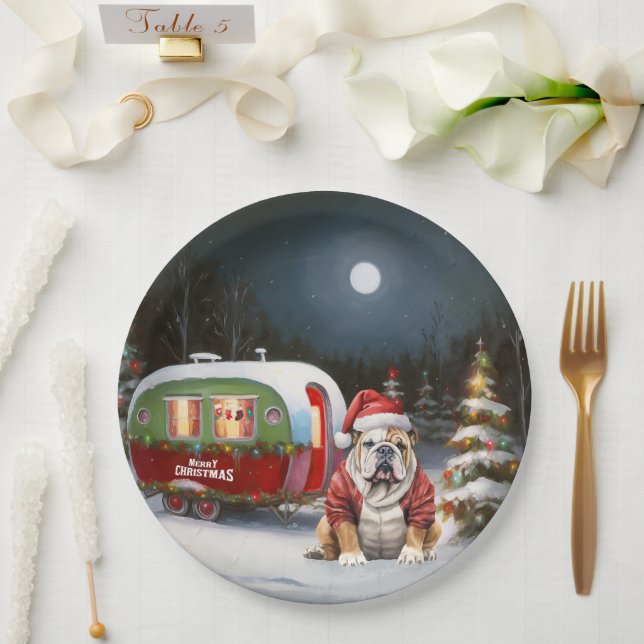 Winter Bulldog Caravan Christmas Adventure  Paper Plates (Wedding)