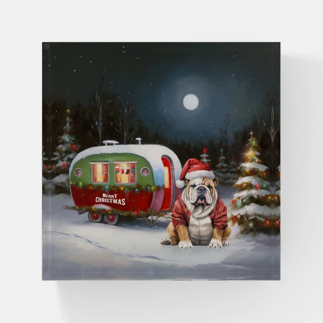 Winter Bulldog Caravan Christmas Adventure  Paperweight (Front)