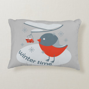 Winter bullfinch bird and red rowan berries accent pillow