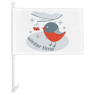 Winter bullfinch bird and red rowan berries car flag