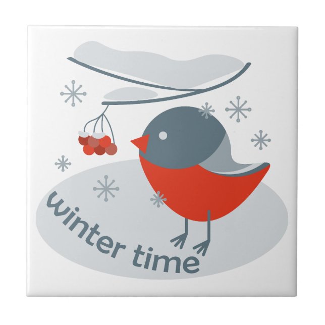 Winter bullfinch bird and red rowan berries   ceramic tile (Front)