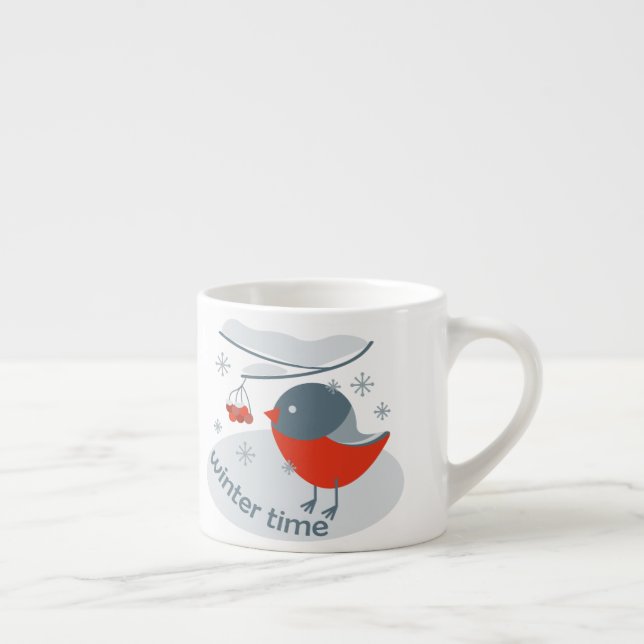 Winter bullfinch bird and red rowan berries   espresso cup (Right)