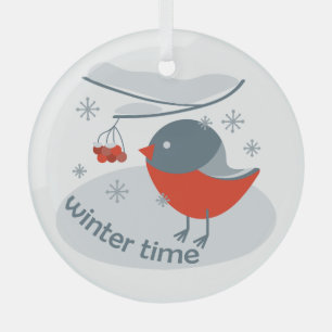 Winter bullfinch bird and red rowan berries glass ornament