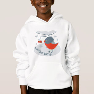 Winter bullfinch bird and red rowan berries hoodie