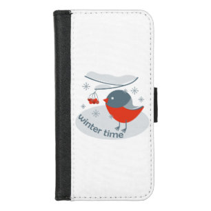 Winter bullfinch bird and red rowan berries iPhone 8/7 wallet case